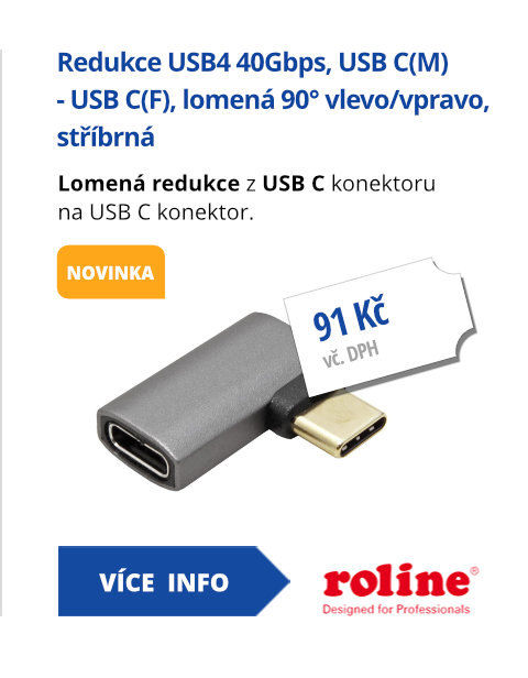 Redukce USB4 40Gbps, USB C(M) - USB C(F), lomená 90° vlevo / vpravo, stříbrná