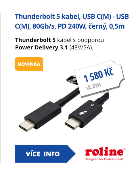 Thunderbolt 5 kabel, USB C(M) - USB C(M), 80Gb/s, PD 240W, černý, 0,5m