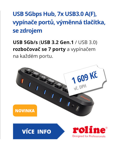 USB 5Gbps Hub, 7x USB3.0 A(F), vypínače portů, výměnná tlačítka, se zdrojem