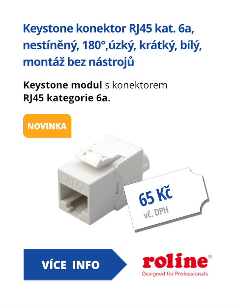 Keystone konektor RJ45 kat. 6a nestíněný, 180°,úzký, krátký, bílý, montáž bez nástrojů