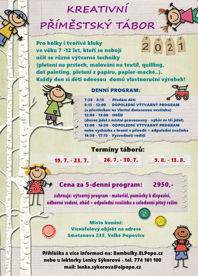 Program Kreativního příměstského tábora ve Velkých Popovicích 2021