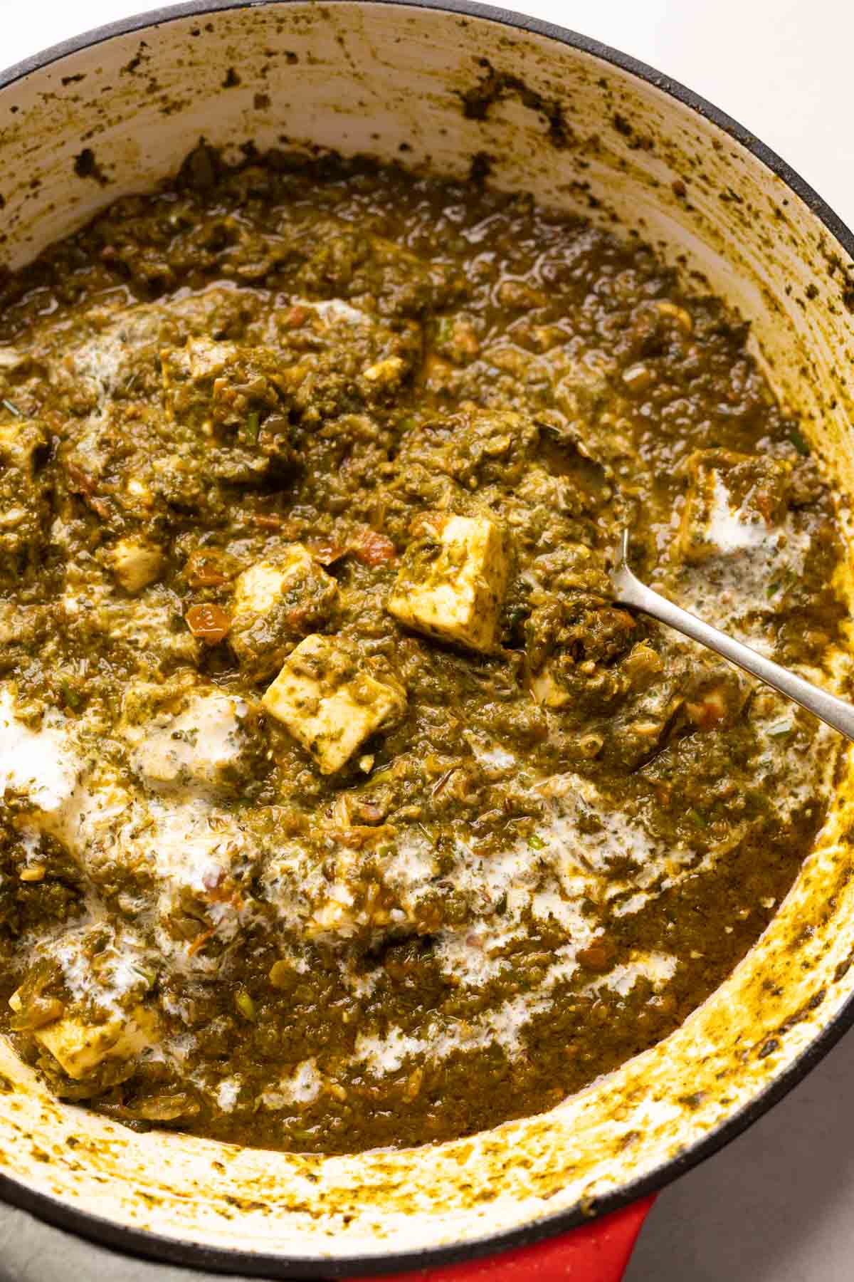 green saag gravy with cubes of paneer