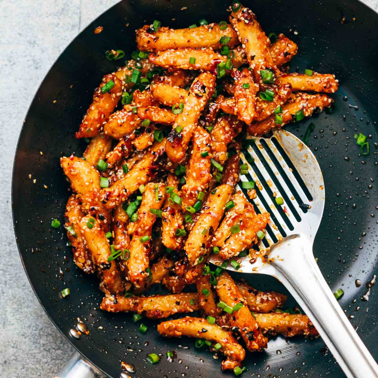 pan of crispy honey chilli potatoes